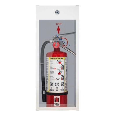 Cabinet surface for fire extinguisher